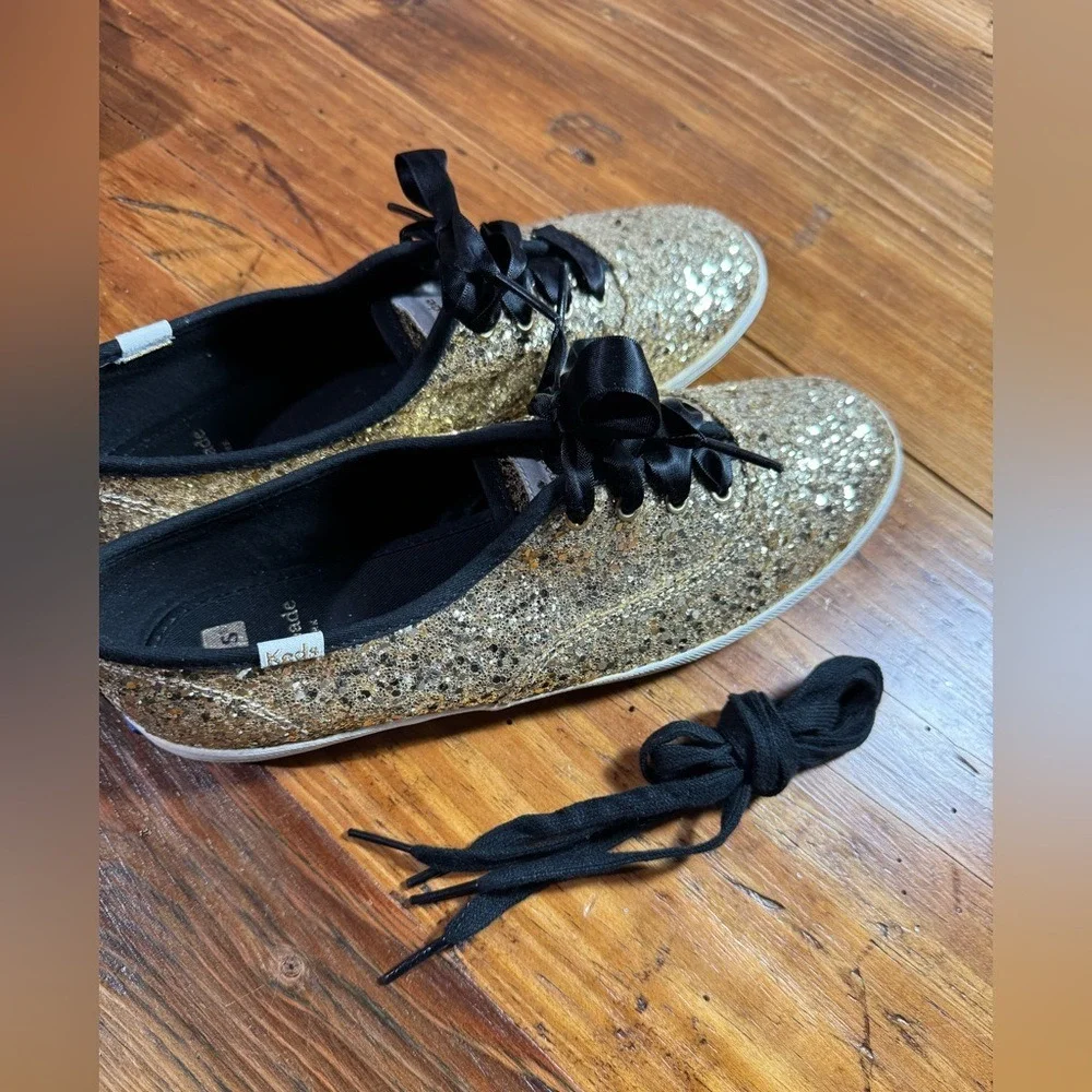 Keds X Kate Spade New York Women Gold Glitter Lace-Up Sneakers Black Lace Size 8